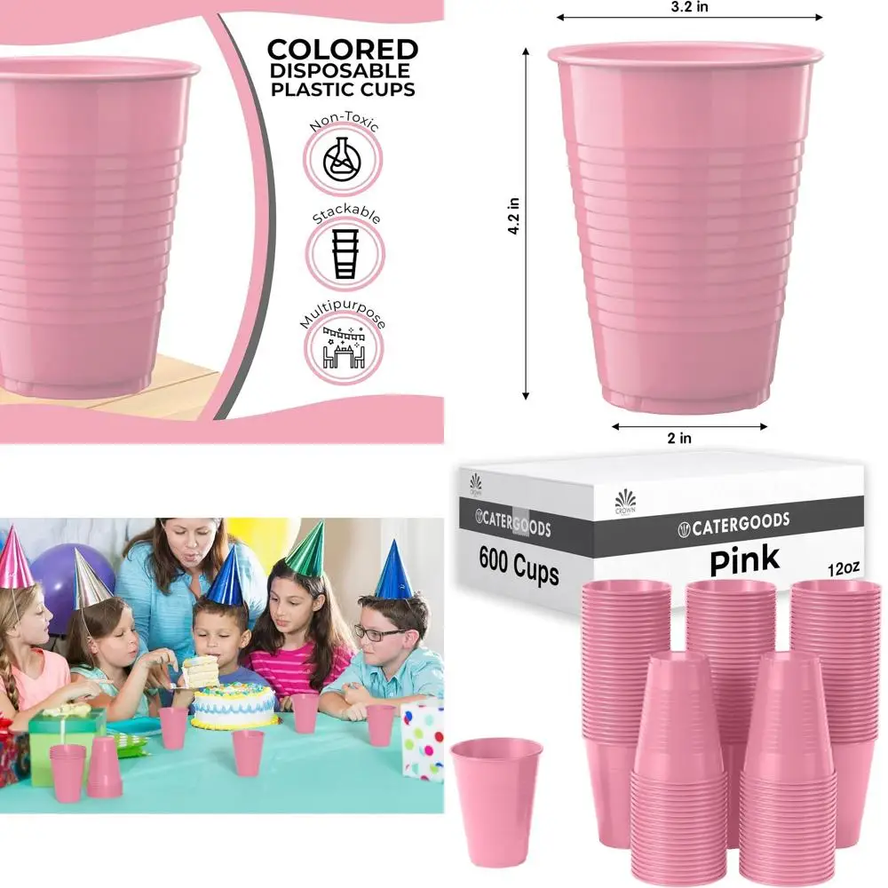 

12 oz Pink Disposable Cups, Bulk Pack of 600