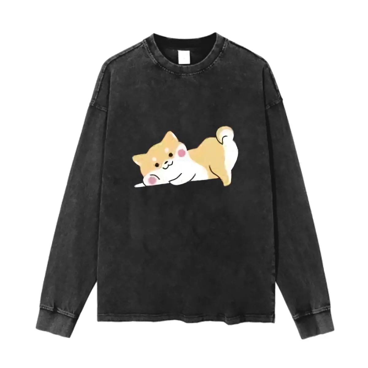 Cute Shiba Inu Art Graphic Washed Vintage Long Sleeves Cotton Tee Shirt Solid O Collared For Men's And Women's