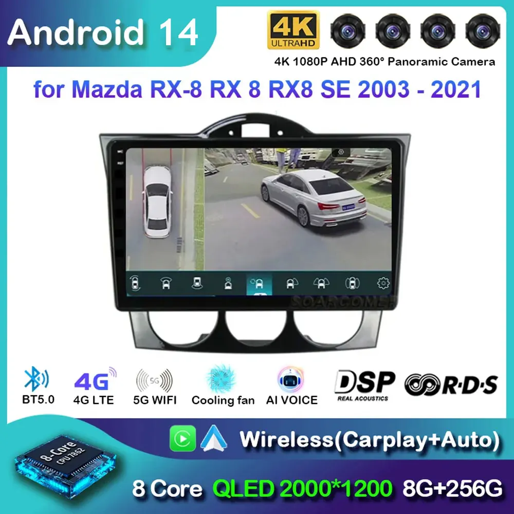 

Автомобильное радио Android 14 Carplay для MAZDA RX8 RX-8 2004 2005 2006 2007 2008, навигация, GPS, мультимедийный плеер, стерео WiF + 4G BT 2 DIN