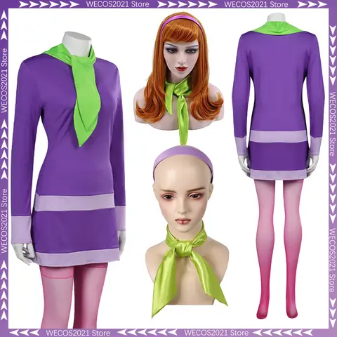 Disguise Daphne Blake Cosplay Clothing Wigs Headband Cartoon Costume Women Role Play Fancy Dress Up Party Clothes
