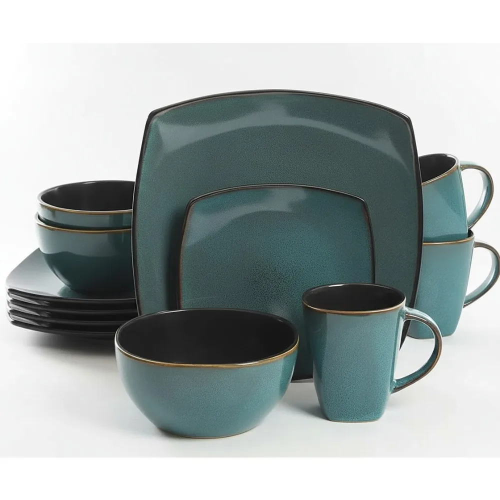 

Modern Teal Green Reactive Glaze Dinnerware Set, 16-Piece Stoneware for Family Dining, Dishwasher Safe
