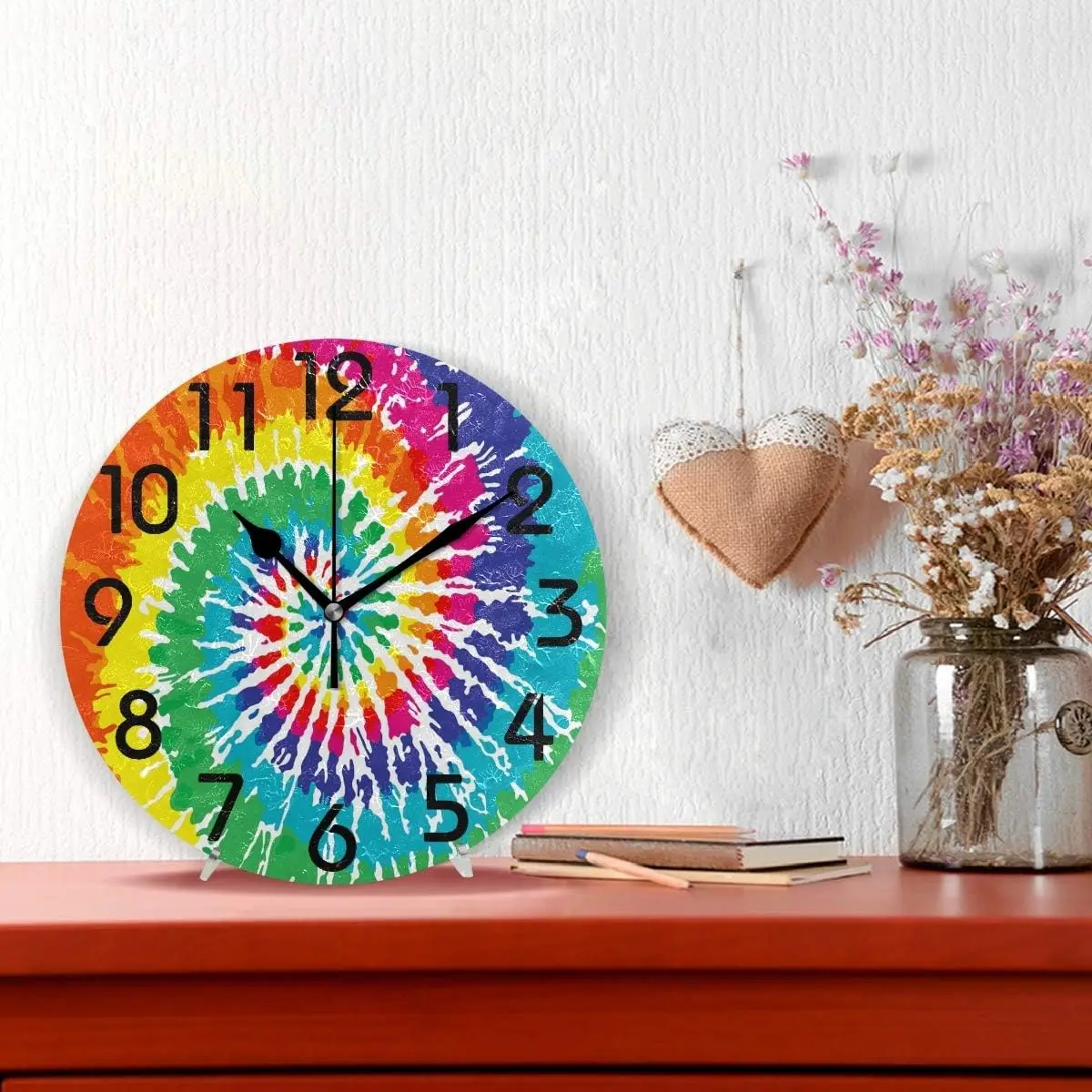 Colors Abstract Swirl Design Tie Dye Pattern Round Wall Clock Decorative, 9.5 Inch Battery Operated Quartz Analog Quiet D