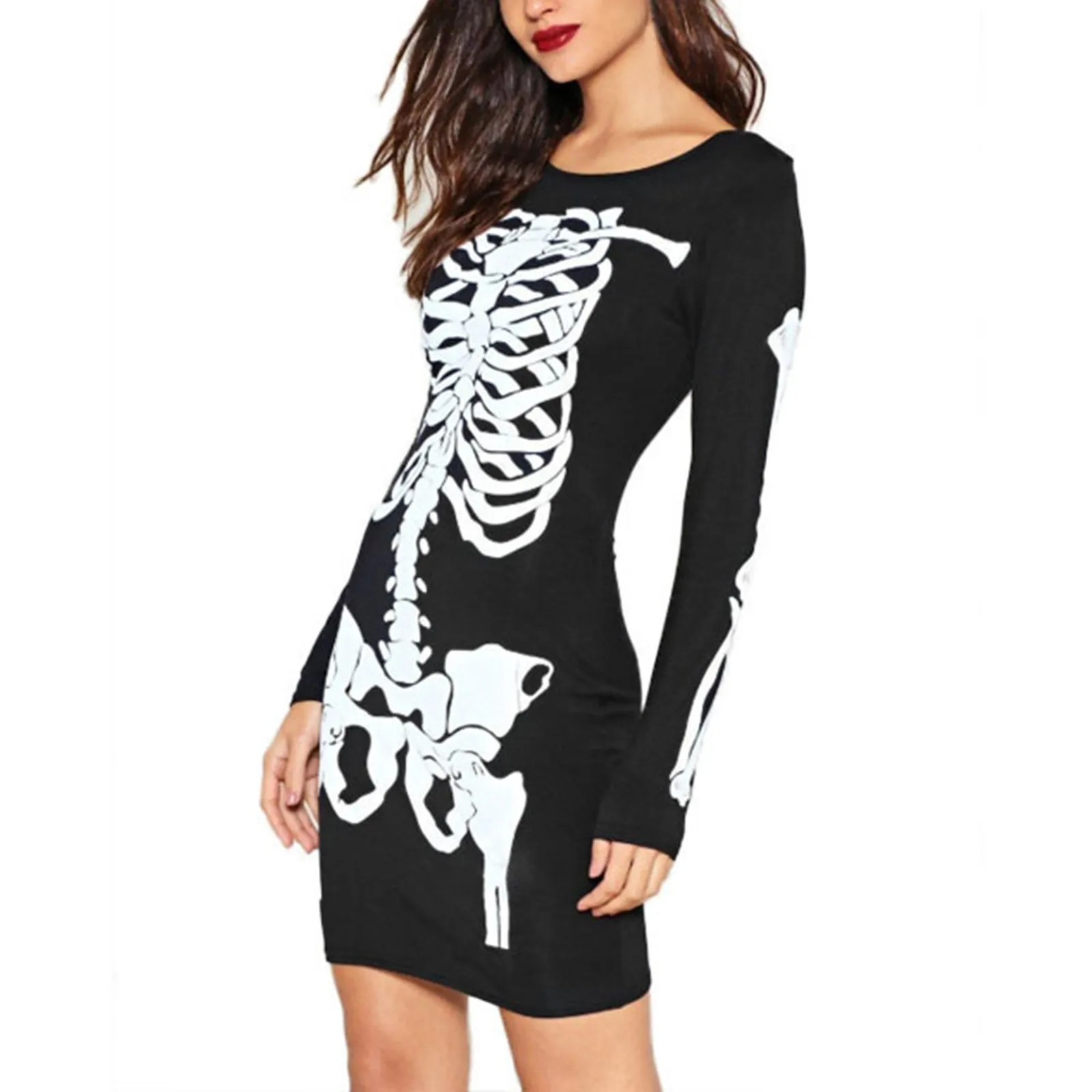 

Skeleton Printed Funny Halloween Mini Dress Slim Fit Long Sleeved Costume Dresses Women Round Neck Casual Festival Dress