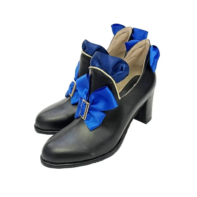Game Genshin Impact Furina Cosplay Shoes Blue Bow Black Chunky Heels C08546