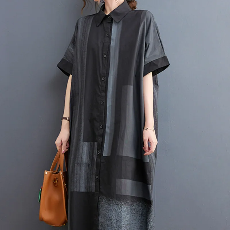 #3317 Grey Vintage Shirt Dress Women Short Sleeves Loose Asymmetrical Buttons Front Midi Dress Female Turnd-down Collar Summer