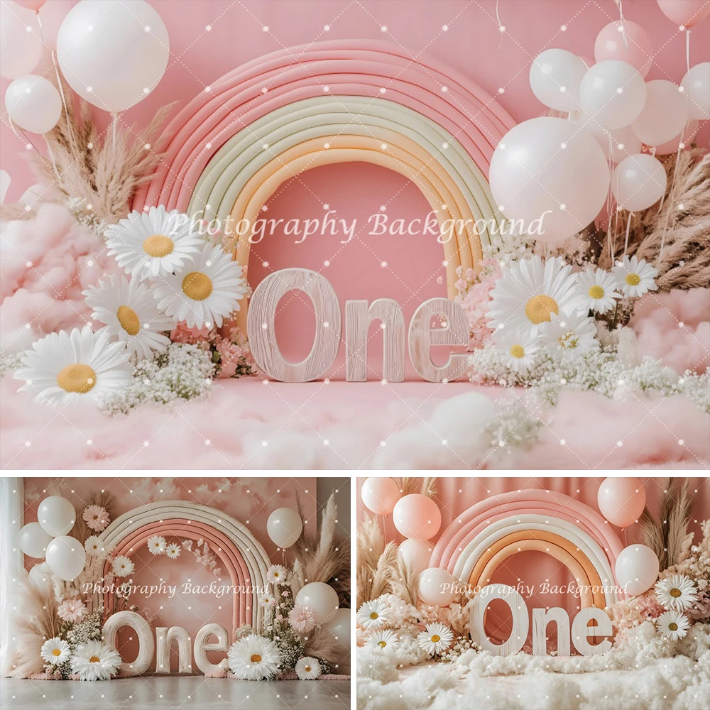 

Daisy First Birthday Backdrop for Girls Boho Daisy Pink Arch Door White Balloon Baby Shower Cake Table Photography Backgrounds