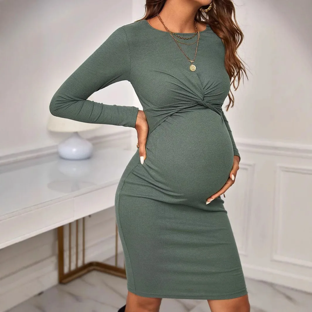 

Maternity Pregnant Women Solid Knitted Dress Slim Fit Long Sleeve Elegant Dresses Spring Autumn Casual Pregnancy Clothing