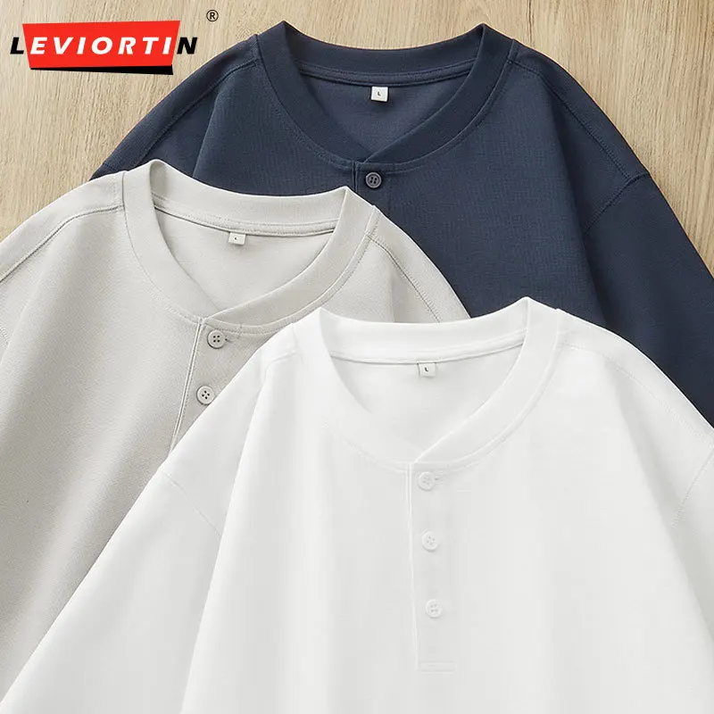 

Деловая повседневная текстурированная футболка с коротким рукавом из лиоцелла для мужчин, летняя рубашка-поло с воротником Генри 210 г/м2, мужской свободный пуловер, футболка