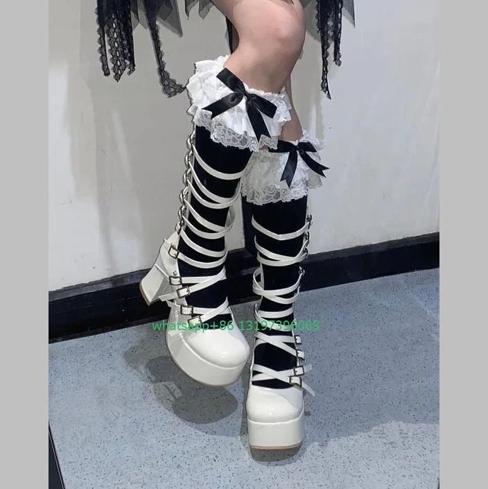 

Lady white cut-out Mary Jane shoes chunky heel knee boots hollow design Y2K vintage Lolita daily boots platform shoes size 46