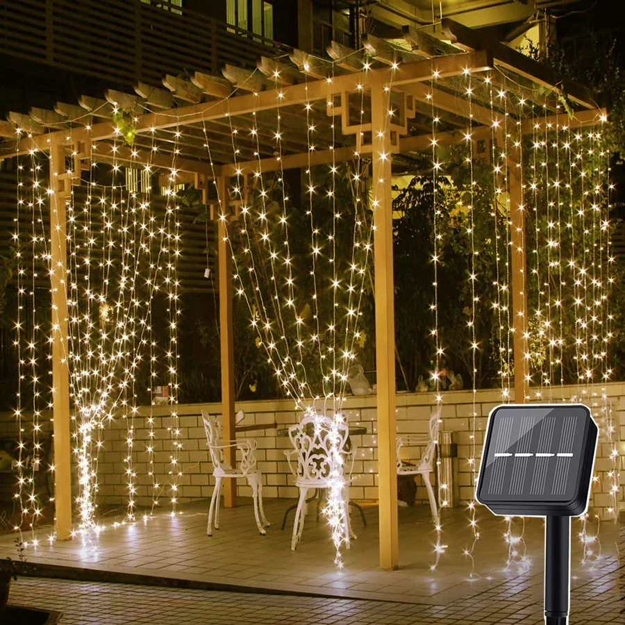 

3MX3M/300 LED Solar Powered Icicle Curtain LED String Light 8 Modes Wedding Party Christmas Solar String Garland Light