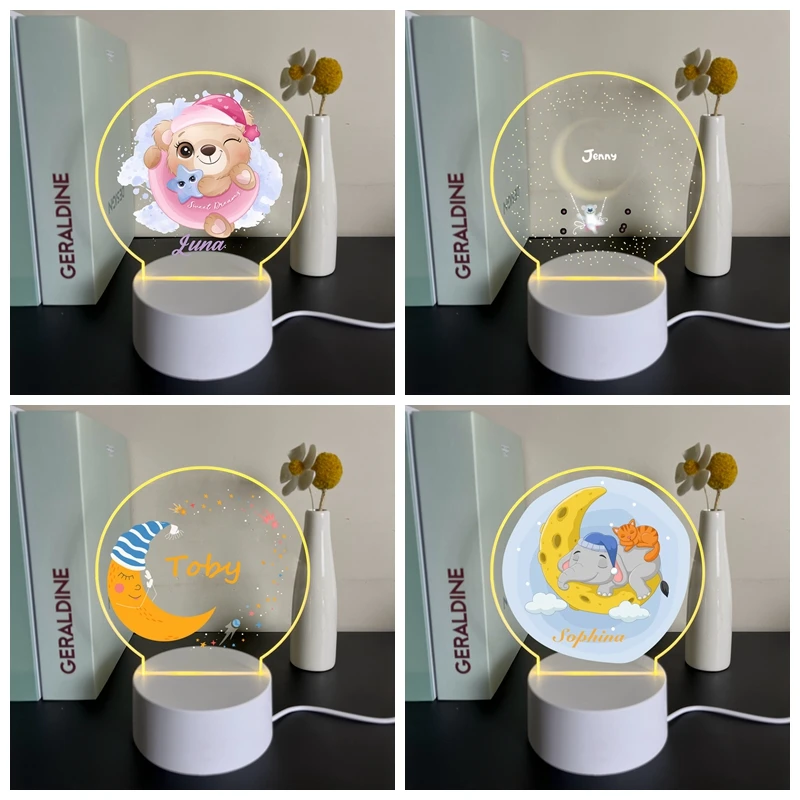 

Personalized Moon Star Visual Night Lamp For Children Room Decor Custom Bear Elephant Acrylic Light With name Birthday gift