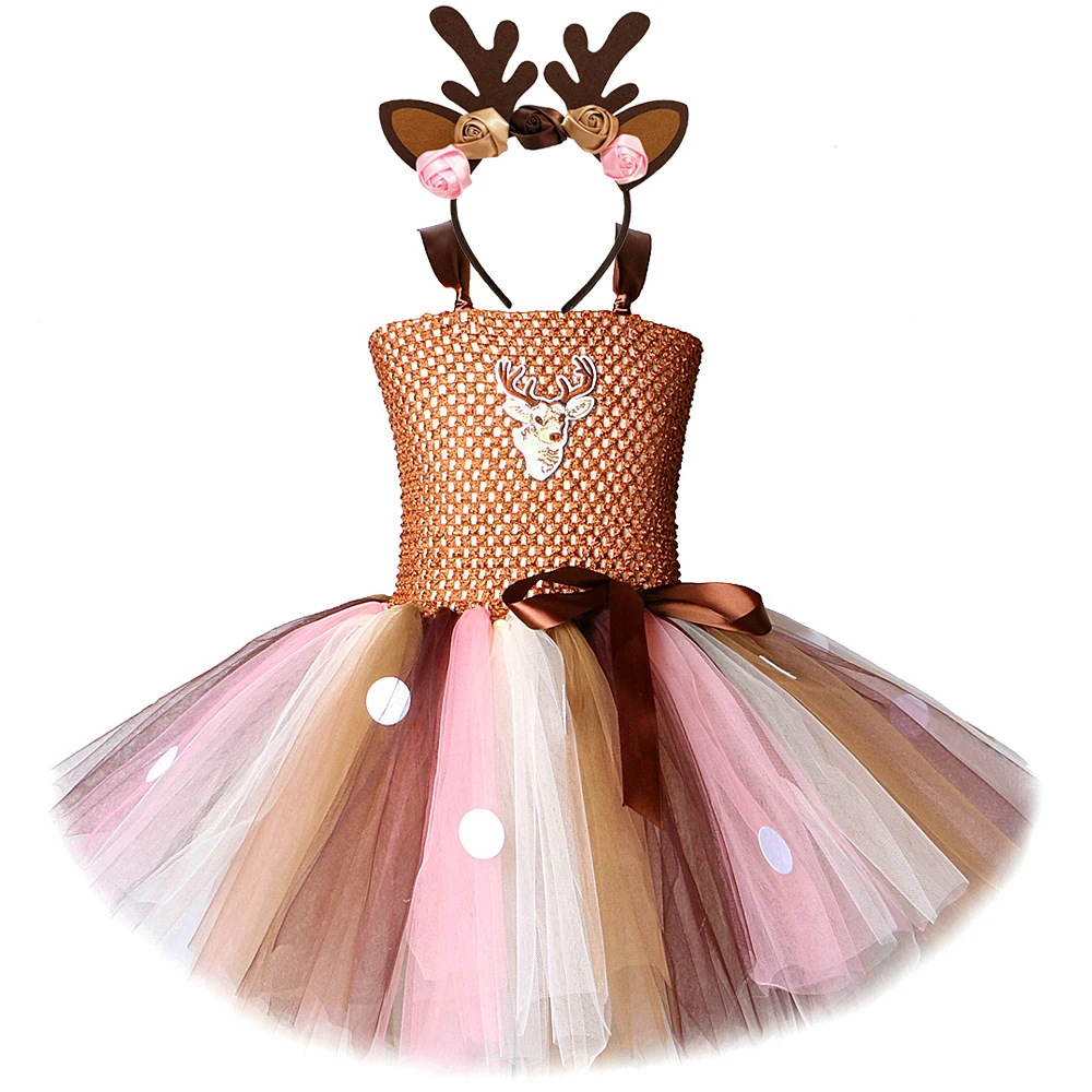 Brown Deer Tutu Dress for Girls Christmas Halloween Costume Kids Reindeer Princess Dresses Knee-length Xmas Children\'s Clothes