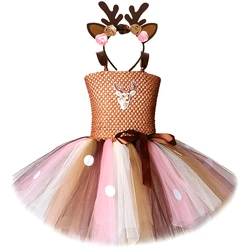 Brown Deer Tutu Dress for Girls Christmas Halloween Costume Kids Reindeer Princess Dresses Knee-length Xmas Children's Clothes