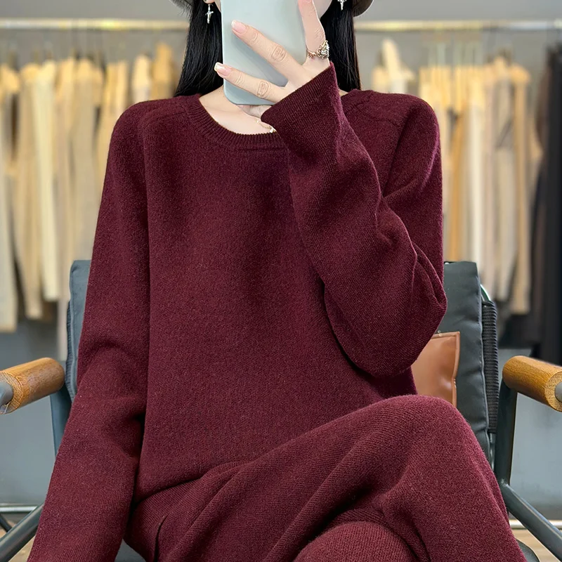 Women's 100% Merino Wool Knitted Set round Neck Sweater Wide Leg Pants 2-Piece Set Thick Warm Autumn Winter Clothing
