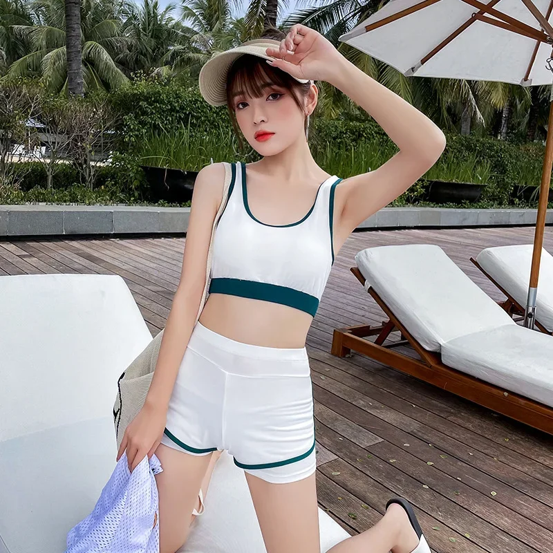 Swimsuit Women Split 3 Piece Set Korean Cartoon Print Cover Up Sport Boxer Shorts Tank Top Mesh Jersey Sun-proof Beach Swimwear