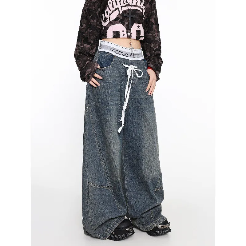 스트리트 스타일 와이드 레그 진 여성용 루즈핏 플로어 길이 댄스 캐주얼 스트레이트 컷 바지 편안한 스트레치 데님 팬츠