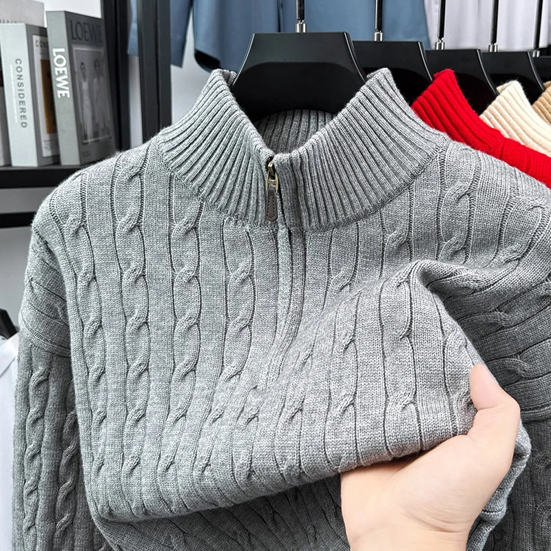 

Fashion zipper semi high neck men's sweater luxury solid color jacquard knitted pullover autumn winter thicken soft warm new top