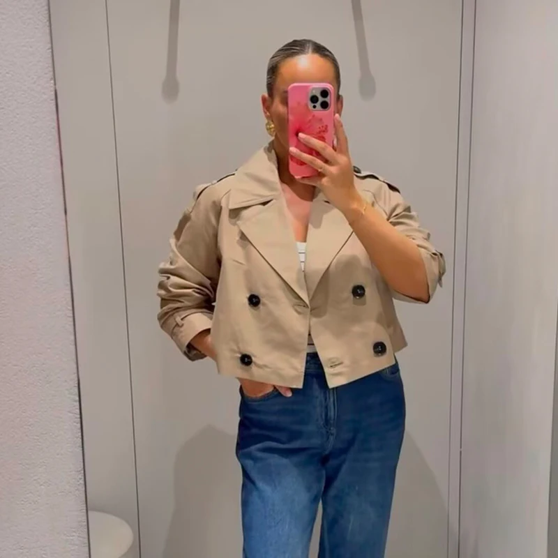 Trench corto doppiopetto moda donna Colletto rovesciato Cappotti a maniche lunghe Capispalla femminile vintage Top chic