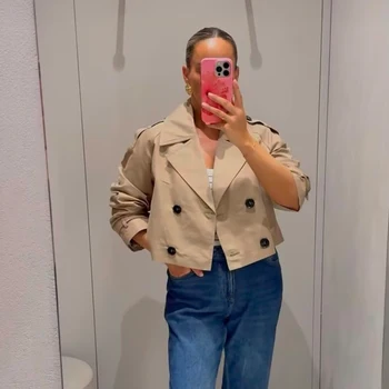 Women's Fashion Double Breasted Short Trench Coat Turn-down Collar Long Sleeve Coats Vintage Female Outerwear Chic Tops 5