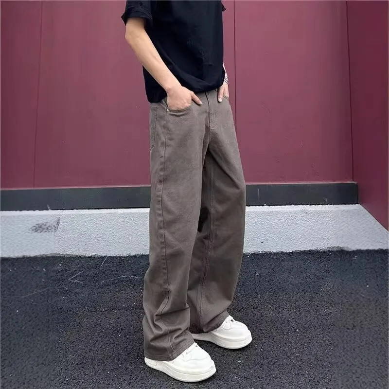 American Vintage New Fashion Men Solid Color Brown Simple Basic Casual Daily Loose Fit Straight Denim Trousers Male Jeans Pants