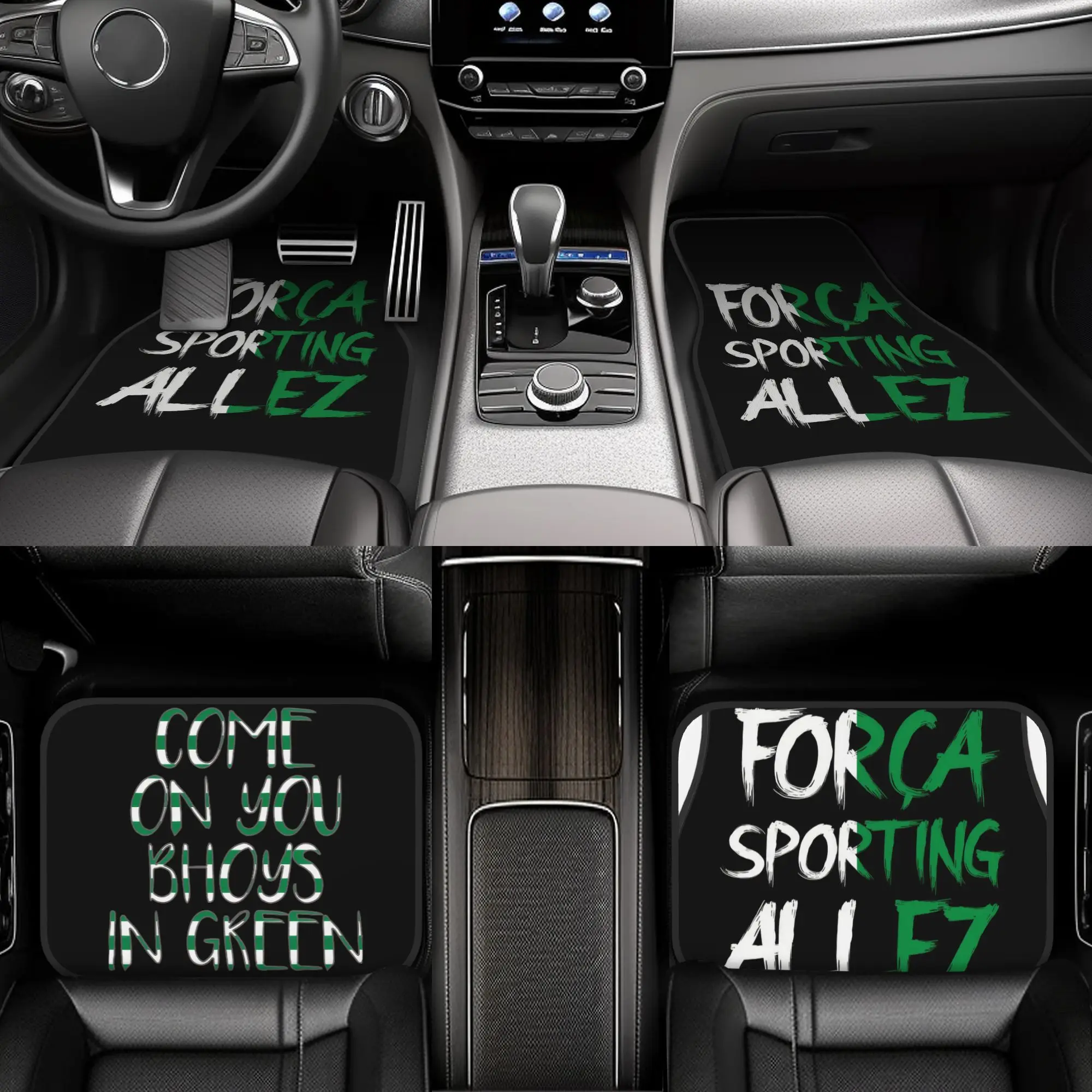 

4pcs Força Sporting Allez Car Floor Mats - Fit For Front & Rear Seats, Durable Polyester, Stylish Black With Green Lettering, Pe