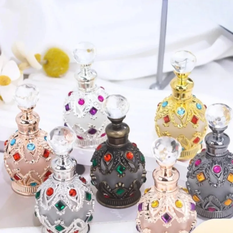 5PCS Vintage Diamond Inlay 15ML Glass Empty Bottle Arabian Style Perfume Essential Oil Dispenser Decor Vessel