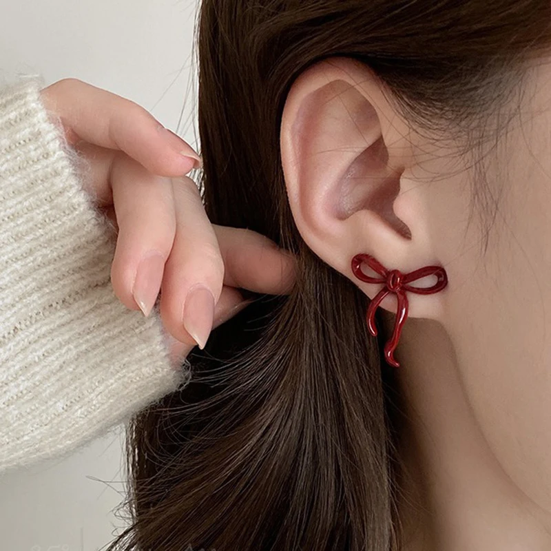 Pendientes de estilo Retro con lazo rojo para mujer y niña, Piercing Simple, cinta de Ballet, estética elegante, joyería para la oreja, regalos