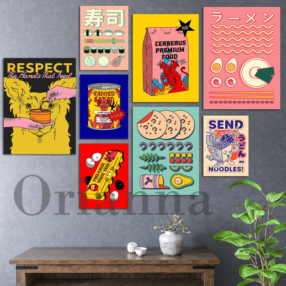 Sushi. Maki. Sashimi. Wasabi. Tortilla. Garnelen. Ramen. Suppe. Eier. Konserven Satan. Lustige Japanische Lebensmittel Poster. Küche Dekor Drucken