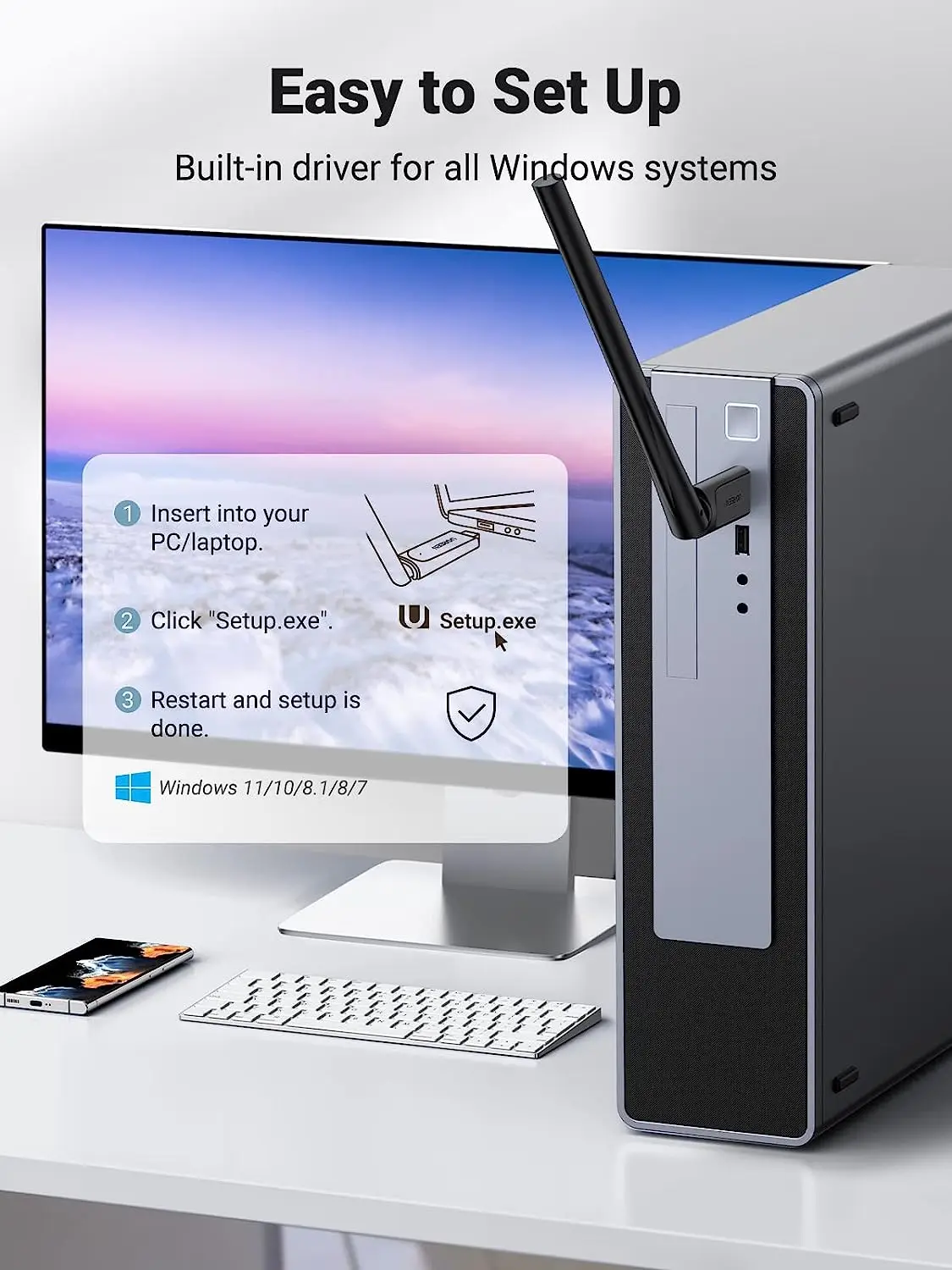 PC 데스크탑용 UGREEN AC650 USB WiFi 어댑터 6dBi 안테나 2.4GHz 5GHz 듀얼 밴드 무선 어댑터