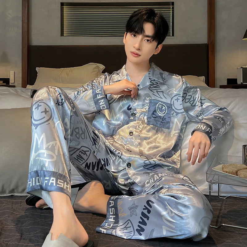 2024 New Spring Autumn Ice Silk Large Size Sleepwear Long Sleeved Thin Style Summer Men\'s Homewear Two-piece Set Loose Lapel