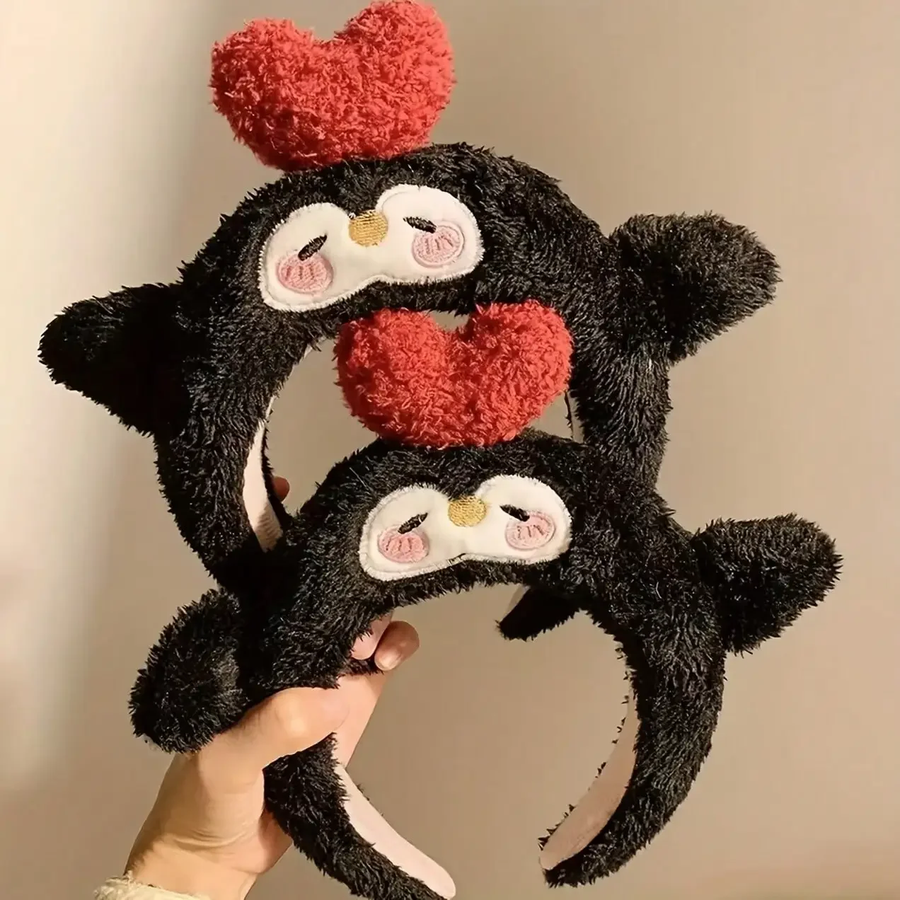 

Cute Black Plush Penguin Headband With Heart For Women Cartoon Hair Accessory