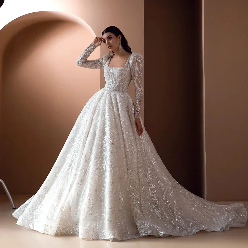 فساتين زفاف مخصصة من Vestidos De Noiva بأكمام طويلة ورقبة مربعة ترتر فساتين العروس على شكل حرف a الأميرة 2025 رداء De Mariée