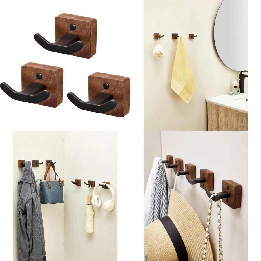 

3-упаковка матовых черных настенных крючков для современного домашнего декора: прочное черное ореховое дерево и черный металлический дизайн, настенная подвеска