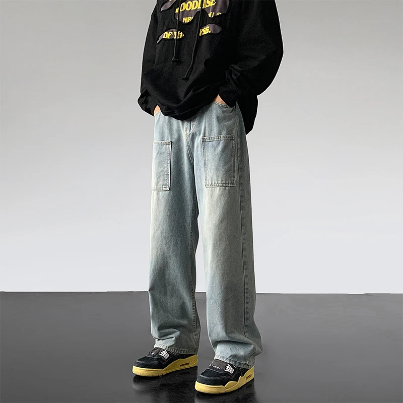 

American Sle Workwear Jeans Men's Casual High Street Spring Autumn Straight Loose Wide Leg Pants Leisure Long Trousers