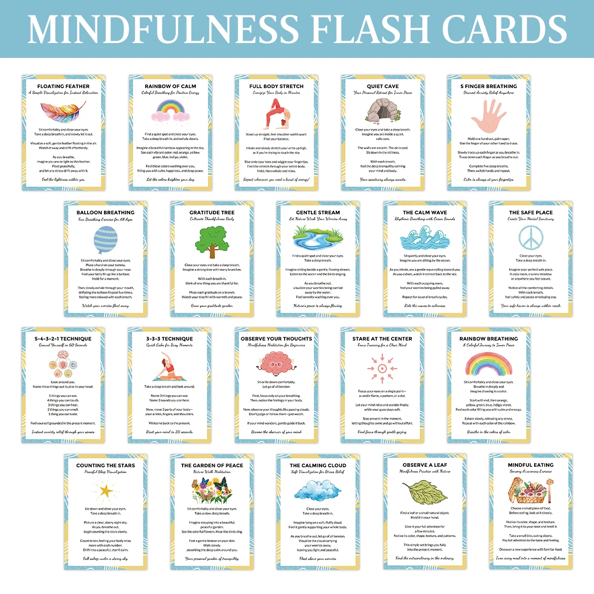 Cartes Flash de pleine conscience, 20 pièces, exercices de visualisation et de mise en terre colorés illustrés, carte cadeau Portable pour le soulagement de l'anxiété