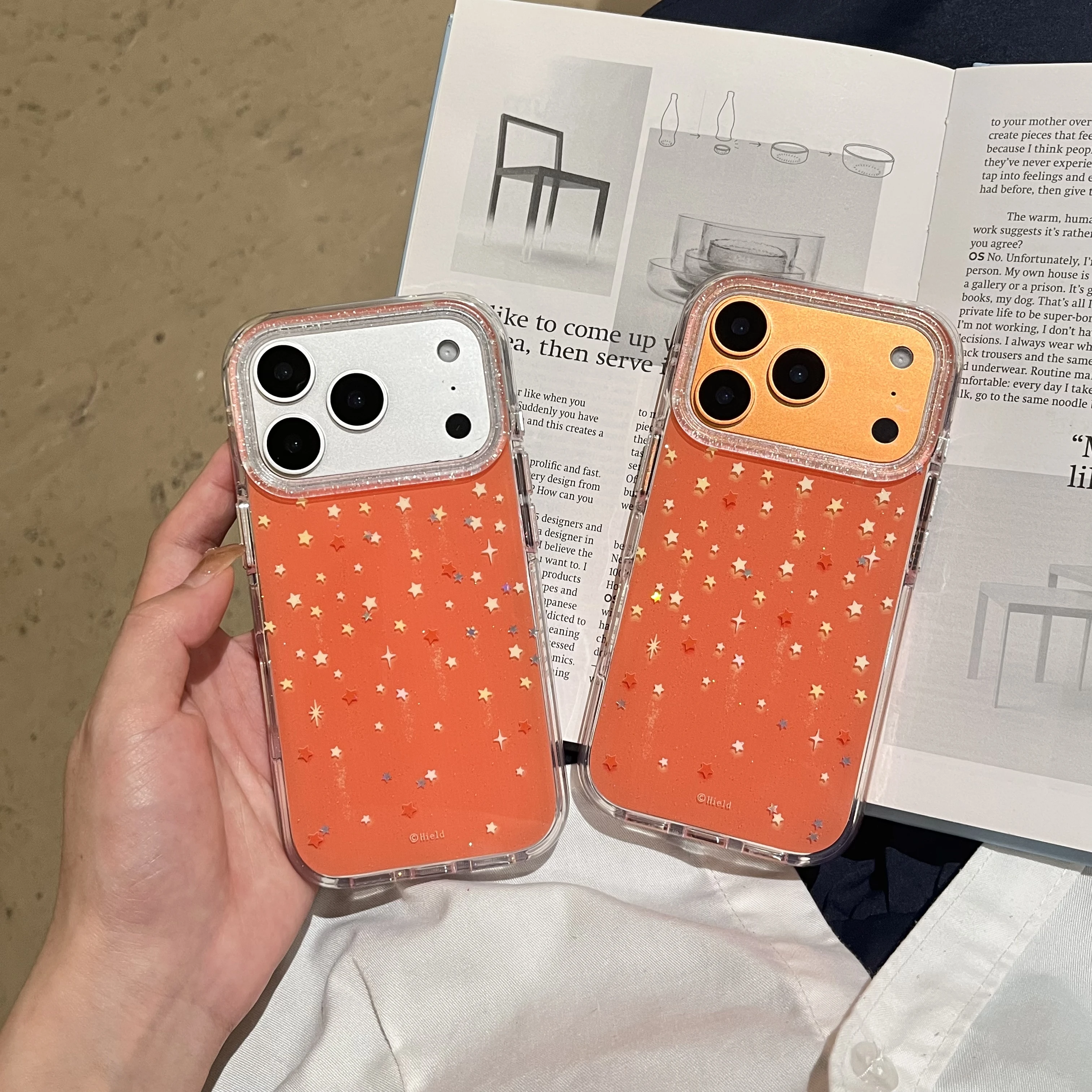 

Back Cover For IPhone 13 14 15 16 Pro Max 17 Pro Case IMD Glitter Star Orange Hard Pc Shockproof Phone Case