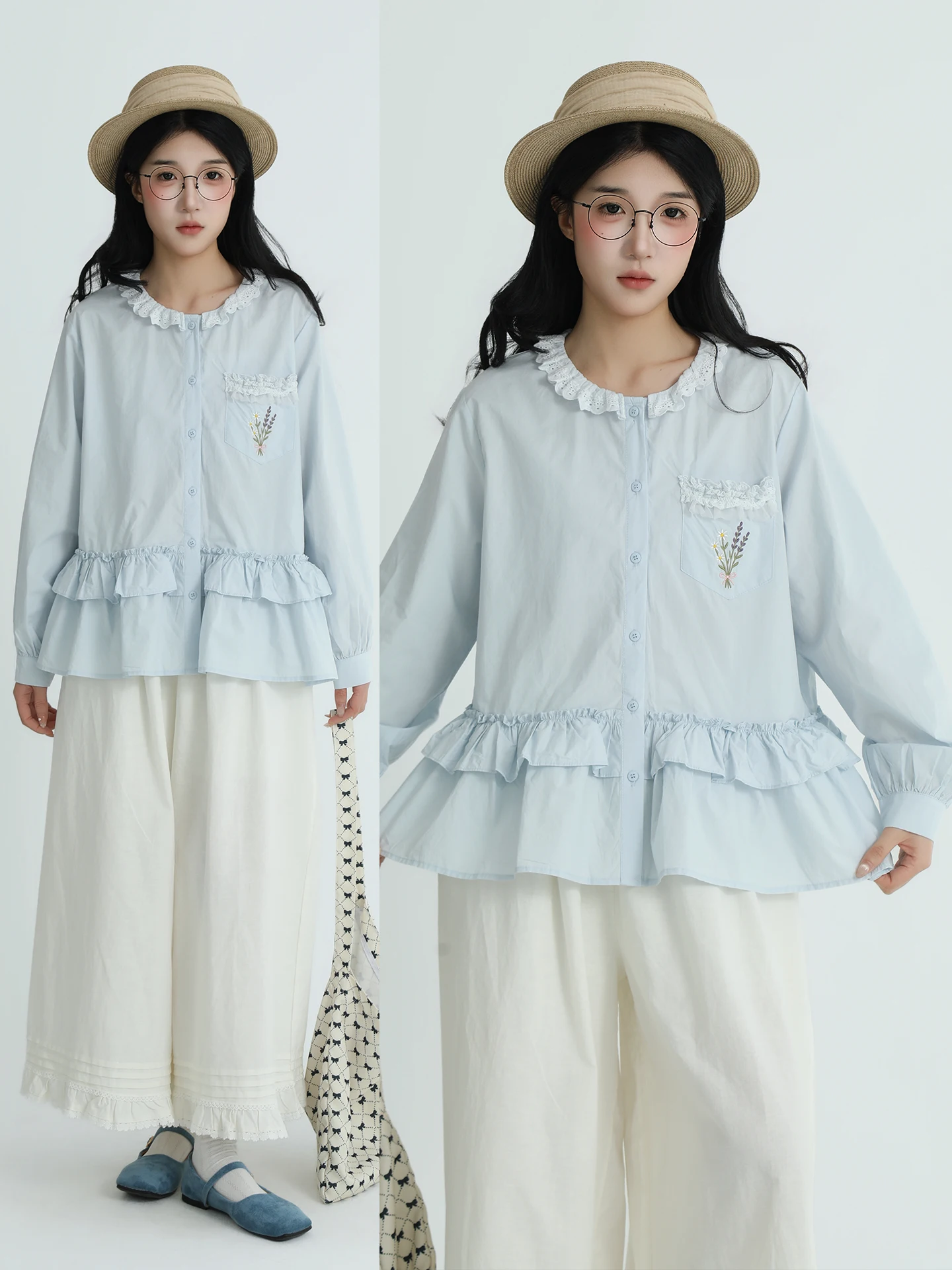 

Boeren Pure Color Splice Lace irt Women's Spring Art Sweet Slimming Versatile Top Cotton Long Sve round Ne Open Cardigan