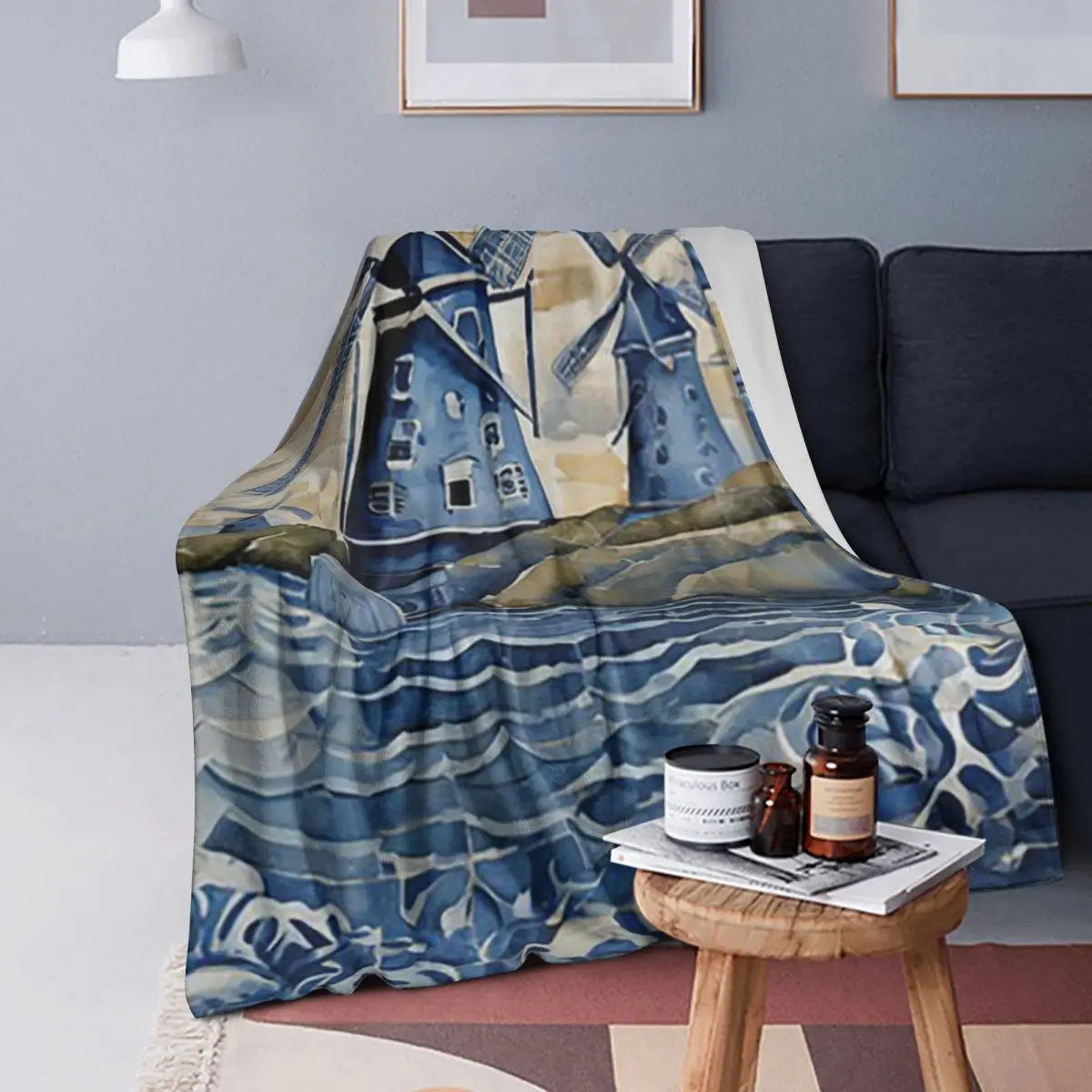 

Blue Delft Style Dutch Countryside Blanket Soft Warm Flannel Throw Blanket Bedspread for Bed Livingroom Picnic Travel Home Couch