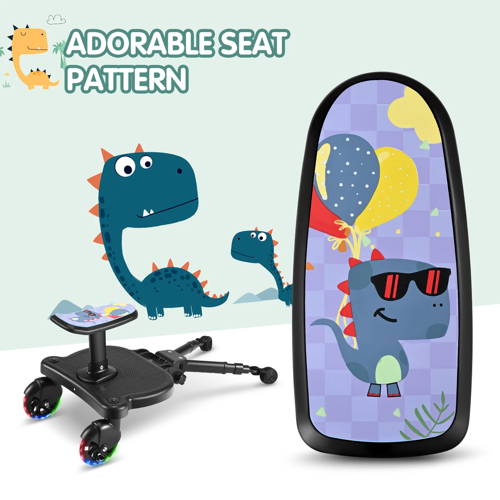 Planche à roulettes universelle réglable pour poussette avec siège dinosaure amovible, 360° °   Trottinette à roues LED clignotantes, charge 25 kg, pour tout-petits, accessoire marchepied arrière pliable pour poussettes, compatible avec 99 % des poussettes