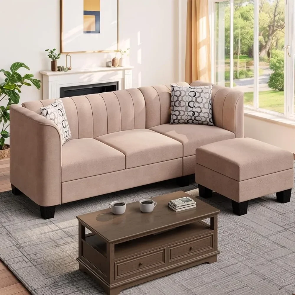 Upgraded Convertible Sectional Sofa Couch, 3 Seat L Shaped Sofa With High Armrest Linen Fabric Small Couch For Living Room Beige