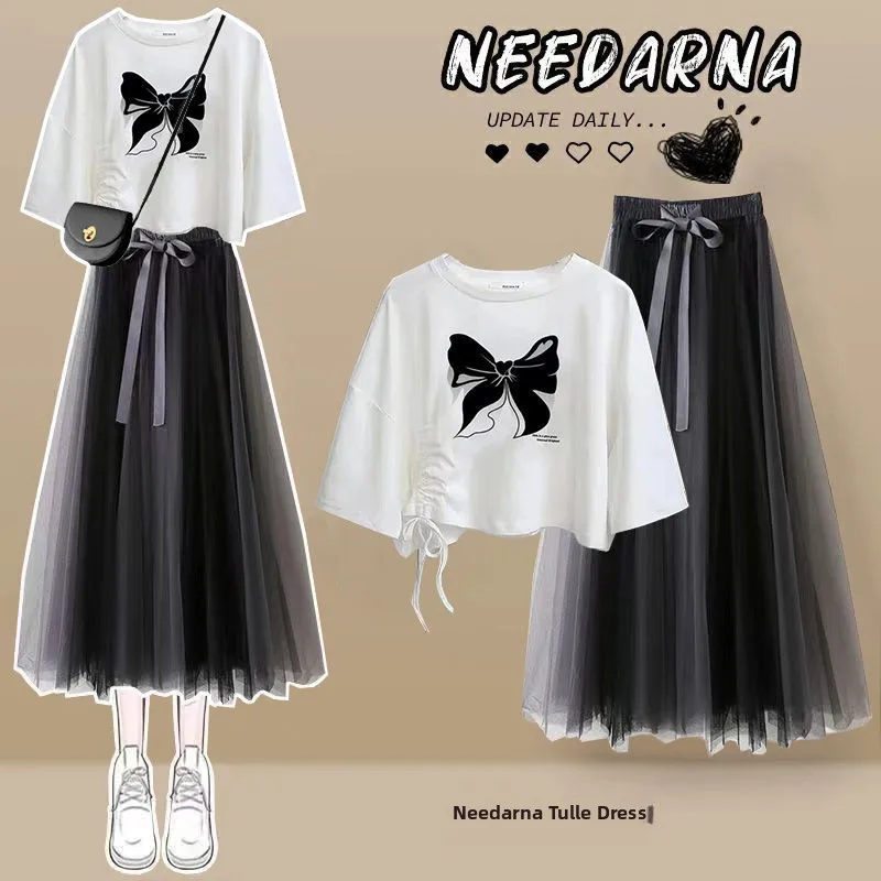 Summer 2023 Women's Korean Loose Design Sense Drawstring Print T-shirt Ultra Fairy Skirt Two-piece Set Short Sleeve Fashion