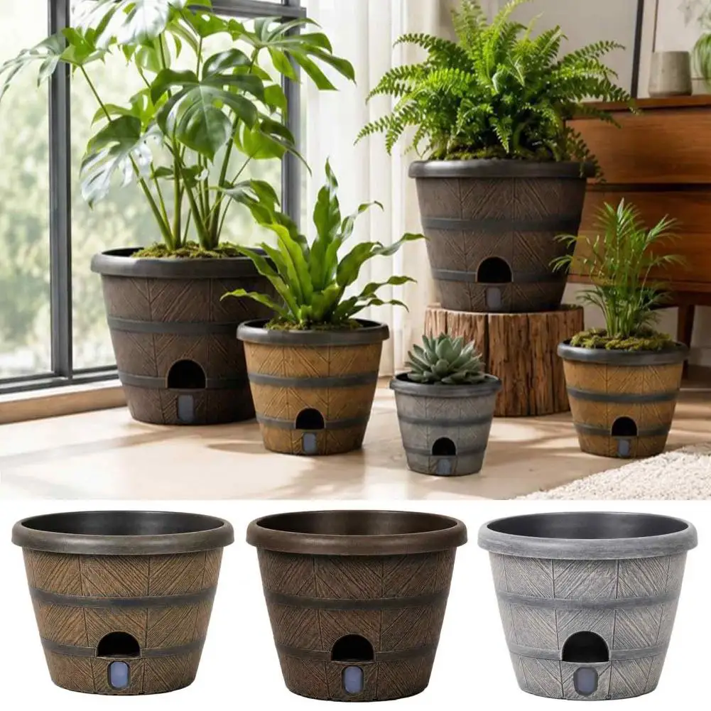Self Watering Planter with Water Level Indicator Double Layer Flower Pot with Drainage Holes Thickened Whiskey Barrel Planter