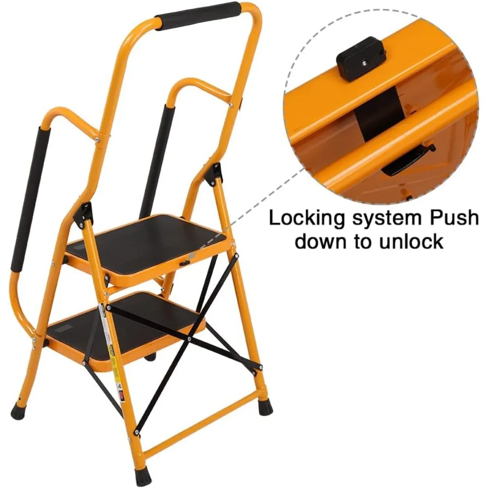 سلم قابل للطي مع درابزين، سعة 500 رطل، مساند للذراعين غير قابلة للانزلاق، منطقة دواسة كبيرة، متعددة الأغراض لاستخدام المطبخ المنزلي #4