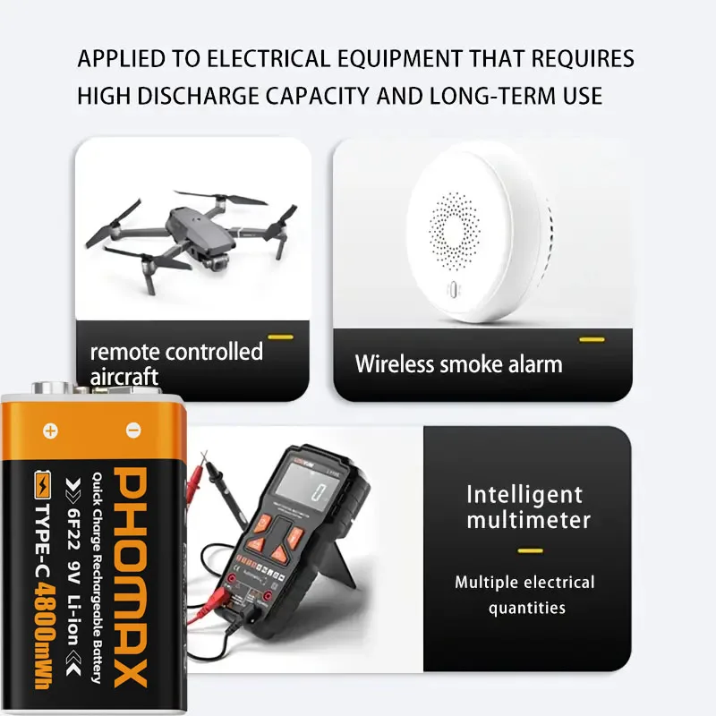 PHOMAX  9 Volt Type C Smart USB Charging Lithium Ion Battery 6F22 Rechargeable 9 Volt Type C Lithium Battery Pack USB