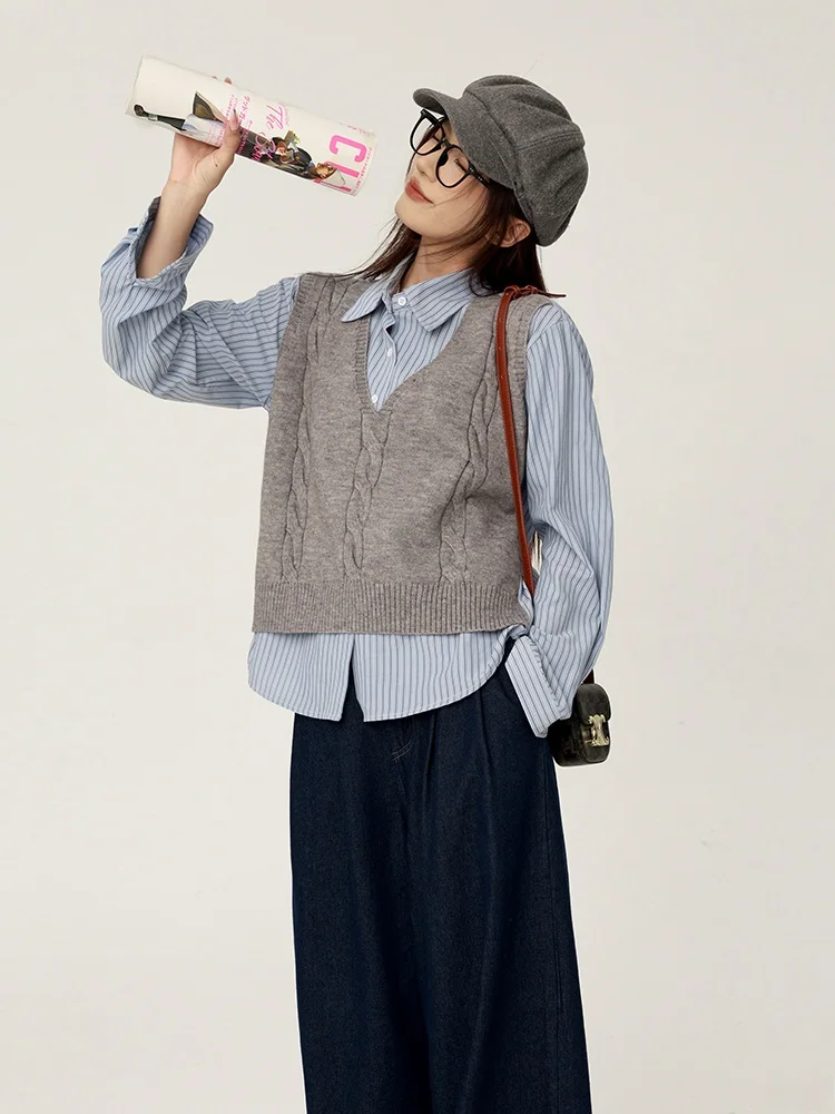 

Женский свитер с воротником-стойкой, имитация двухслойности, приталенный крой, для повседневной носки, модный, вязаный, с длинными рукавами, однотонный, весенний