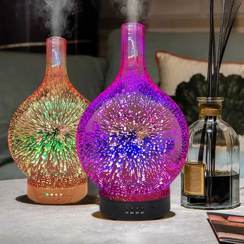 Ultrasonic Essential Oil Diffuser - 3D Firework Glass Humidifier with LED Night Light & Aromatherapy Mist Maker for Home/Office‌