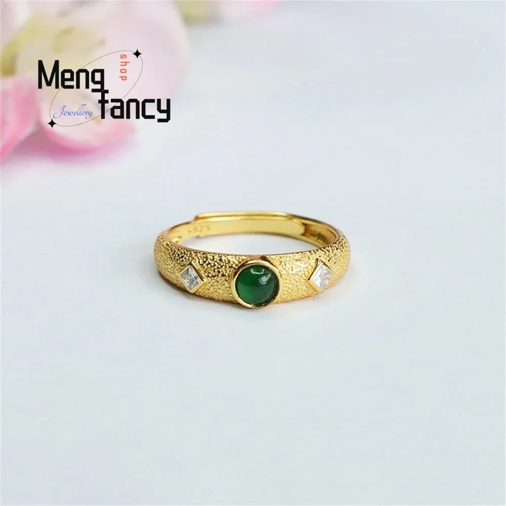 S925 Silver Lnlaid Natural Jadeite In Ice Type Imperial Green Vintage Ring Exquisite Elegant High-grade Luxury Quality Jewelry