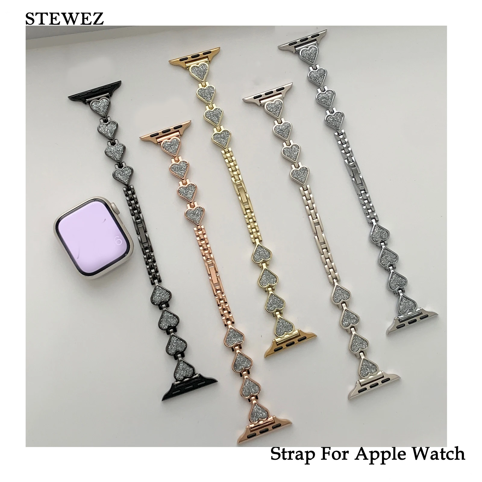 

Metal Strap with Apple Watch Band Bling Love Bracelet for Iwatch98765SE Ultra Glitter Powder Chain for40 41 42 44 45mm Wrist