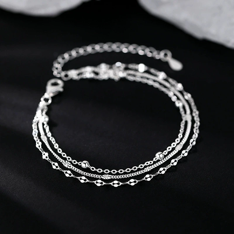 Glittering Three-Layer Bracelet Geometric Beads Sequin Hand String New 925 Silver Bracelet Summer Fashion Jewelry KOFSAC