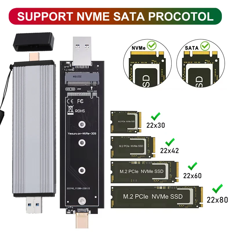 

M.2 Enclosure Mobile Solid State Drive Boxes Supports NVMe SATA Protocol Type-C USB3.2 Gen2 10Gbps SSD Case for Mac Windows OS
